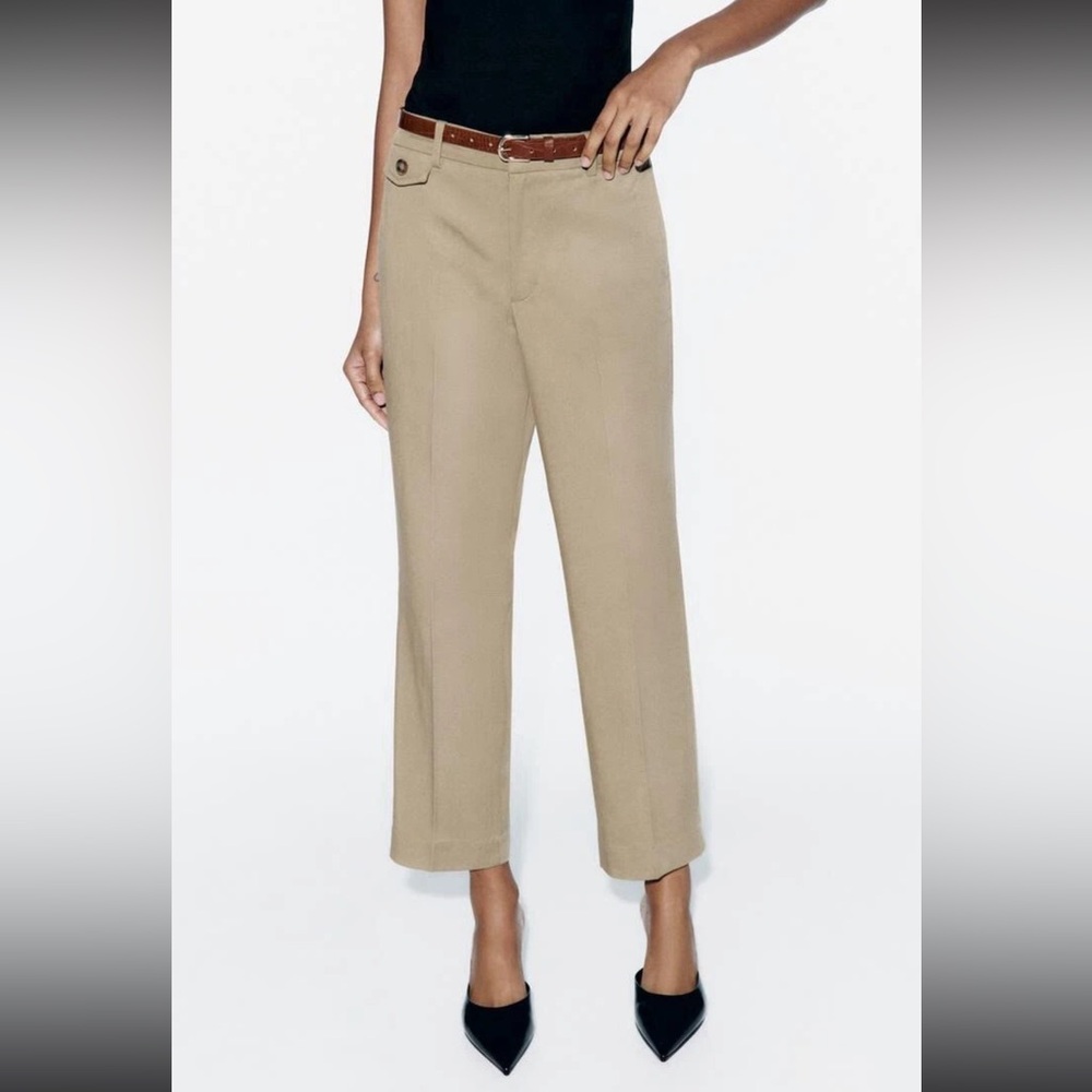 ZARA, MID-CAMEL, BELTED CHINO PANTS, SIZE L